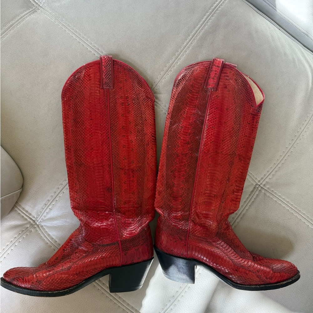 Dan Post Red Red Leather Python Cowboy Boots Size… - image 2